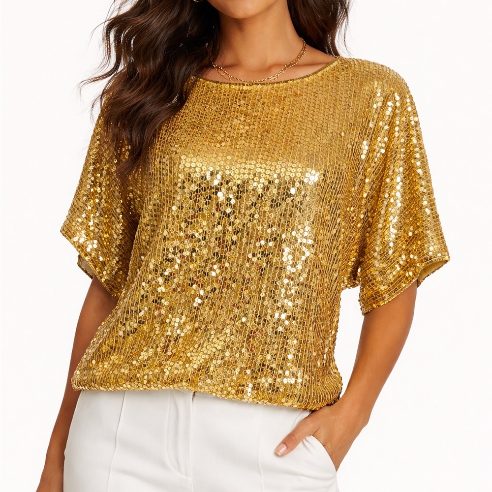 Vintage Carina Hand Beaded Gold 100% Silk Sequin Batwing Blouse Dolman M